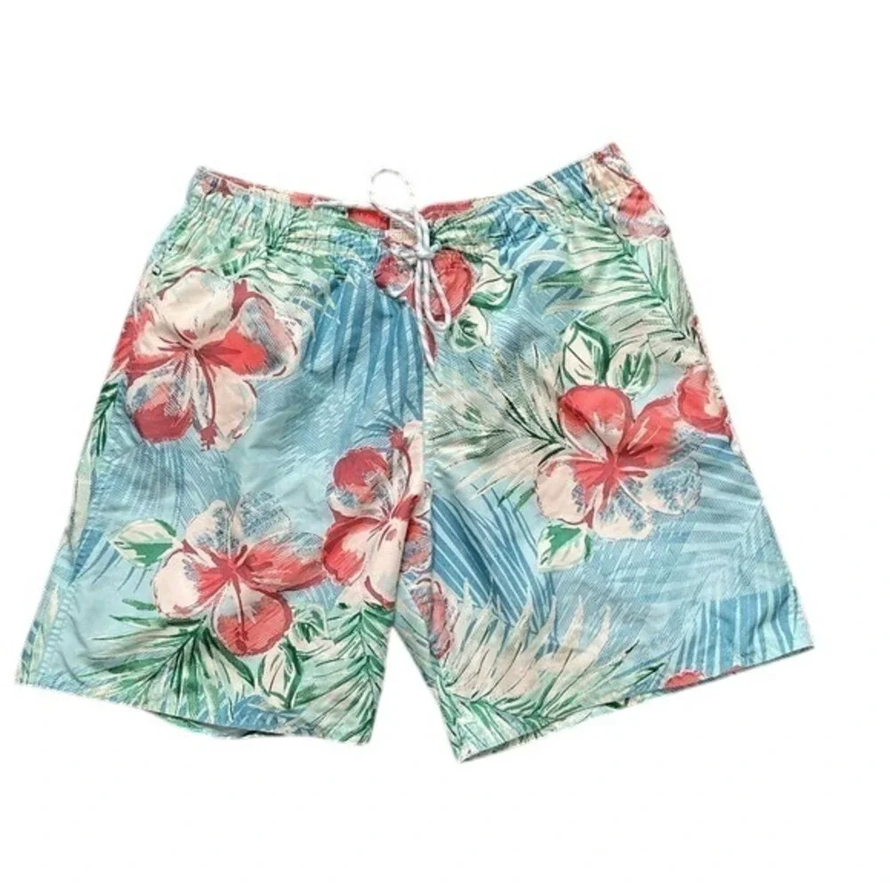 St. John's Bay Men's Hawaiian Blue/green Floral Swim Trunk/Board Shorts Size M